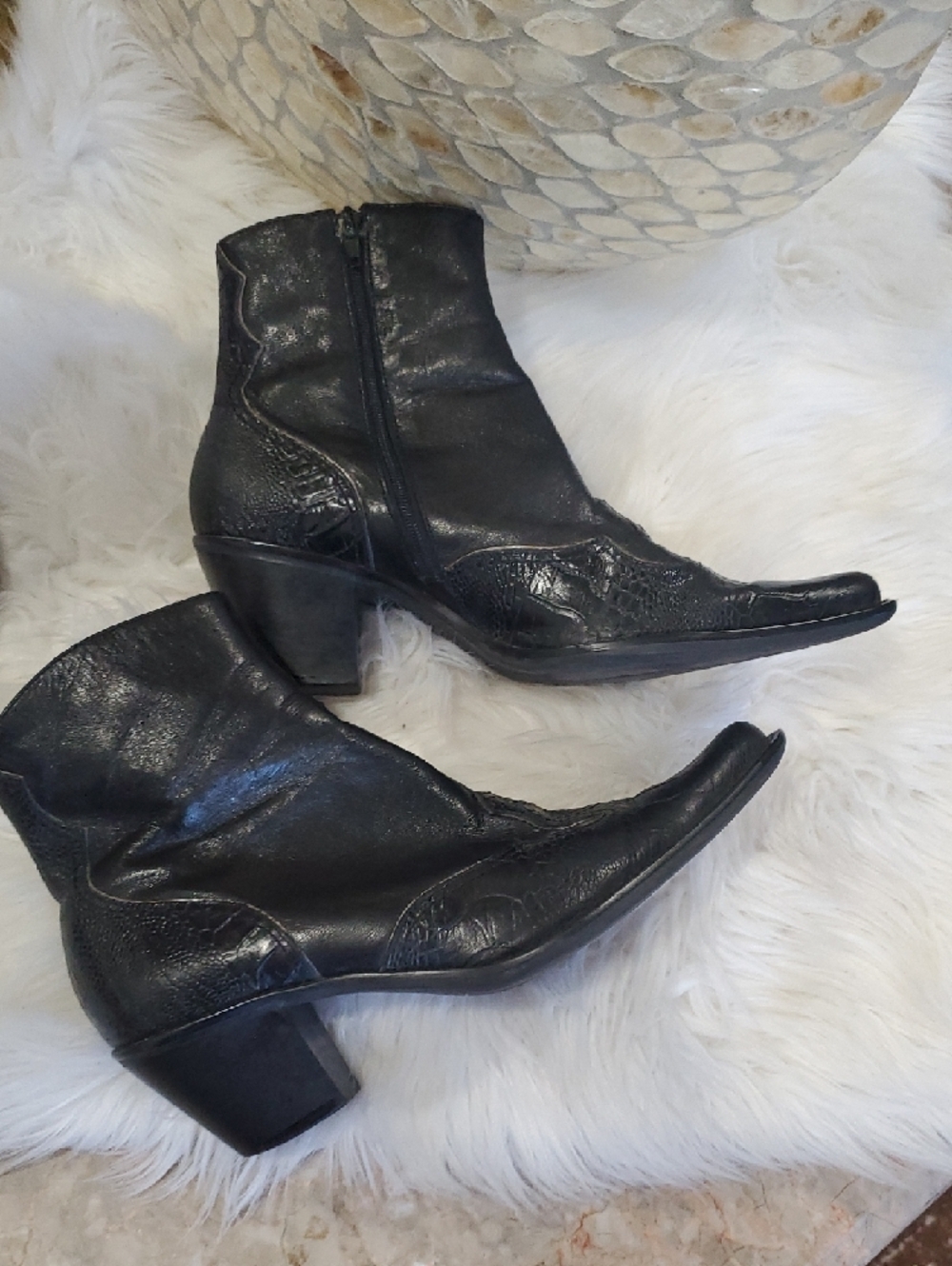 Franco Sarto Black Pointed Leather Ankle Booties with Embossed Toe - Picture 5 of 14